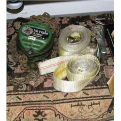 Lot of 1/2 ton chain/pulley set, tow straps (169)