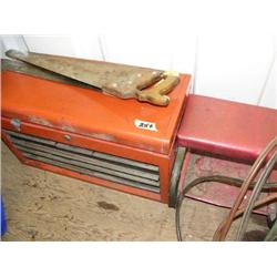 Red Toolbox with Drawers full of Sockets and Tools and Roll around Cart and 2 Handsaws and Shop Ligh