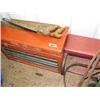 Image 1 : Red Toolbox with Drawers full of Sockets and Tools and Roll around Cart and 2 Handsaws and Shop Ligh
