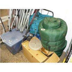 2 Sleeping Bags, Back Pack with big canvas carryall bag, hip boots, folding chairs, 2 salmon rods an
