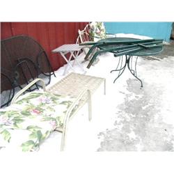 Lot of Outdoor Furniture and Black folding Table, Lounge chair, green table with umbrella and anothe