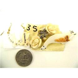 Pair of cormorant ivory earrings, carved floral earrings and ivory seal pin (2)