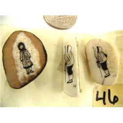 Lot of 3 ivory pins scrimshawed (2)