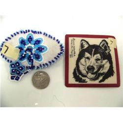 3.5" wide beaded beret with blue beads and white background and 3" square patch of husky by Florence