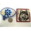 Image 1 : 3.5" wide beaded beret with blue beads and white background and 3" square patch of husky by Florence
