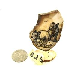 CHOICE on 2 scrimshawed fossilized ivory on base by Homer Cole: 2 calves (2)