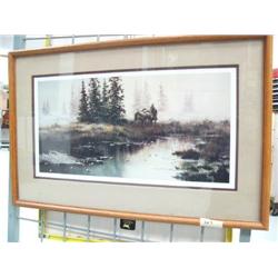 Print of creekside Frontiersman in the wilderness by Michael Boy? Number 143 of 1500, double matted 