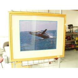 Print of humpback whale falling back into the ocean by the Ellis Wildlife Collection, double matted 