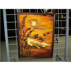 Long Stitch yarn picture of waterfowl in flight at sunset, framed(172)