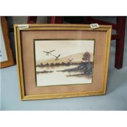 Watercolor of Canadian Geese landing in lake by F. Massa, double matted and framed (172)