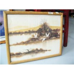 Watercolor of Swans taking flight from lake by F. Massa, some moisture marks, framed(172)