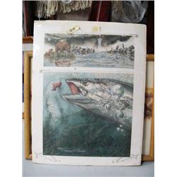 Print of fisherman catching salmon alongside stream with bears fishing by William L. Gorsline, numbe