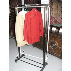 Lot of: Women's red woolen coat, size M, Women's Sheepskin coat, size M, 2 portable coat racks(172)