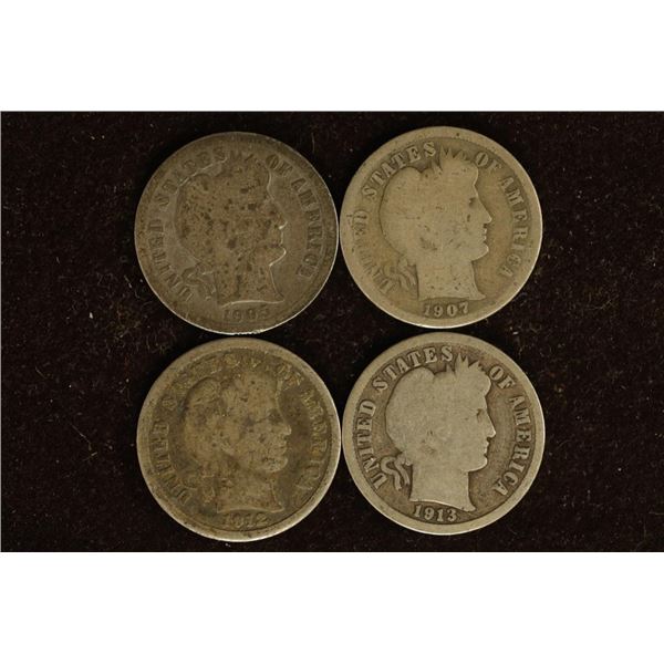 1905-S, 1907, 1912 & 1913 SILVER BARBER DIMES