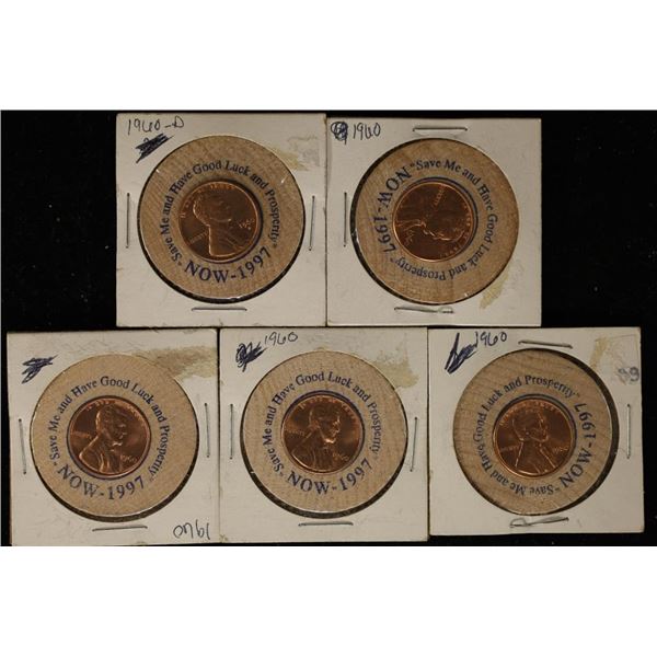 5 ENCASED LINCOLN BU CENTS IN WOODEN NICKELS