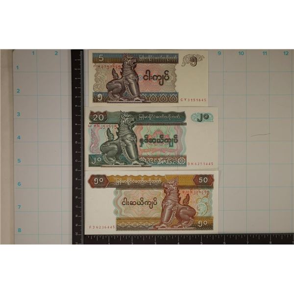 3 CRISP UNC BANK OF MAYANMAR BILLS: 5,20 & 50