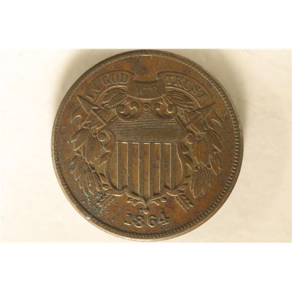 1864 US TWO CENT PIECE VERY FINE WITH VERDIGRIS