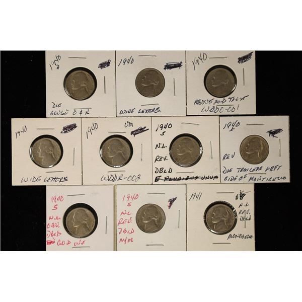 ERRORS-10 JEFFERSON NICKEL ERRORS: 9-1940 & 1-1941