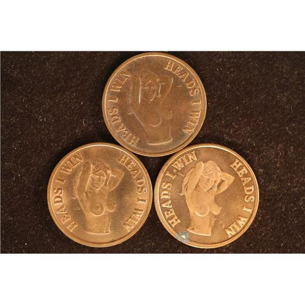 3 ADULT THEMED 1" METAL FLIPPER TOKENS. OBVERSE