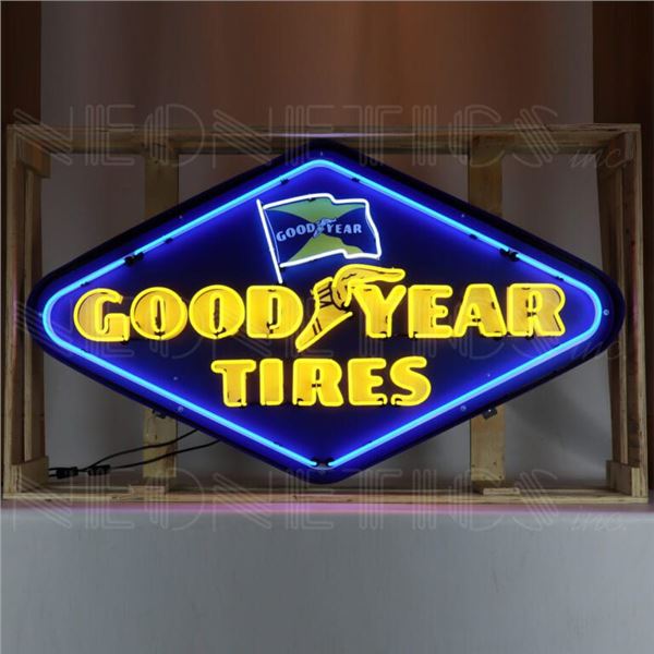NO RESERVE GOODYEAR TIRES DIAMOND NEON SIGN IN SHAPED STEEL CAN