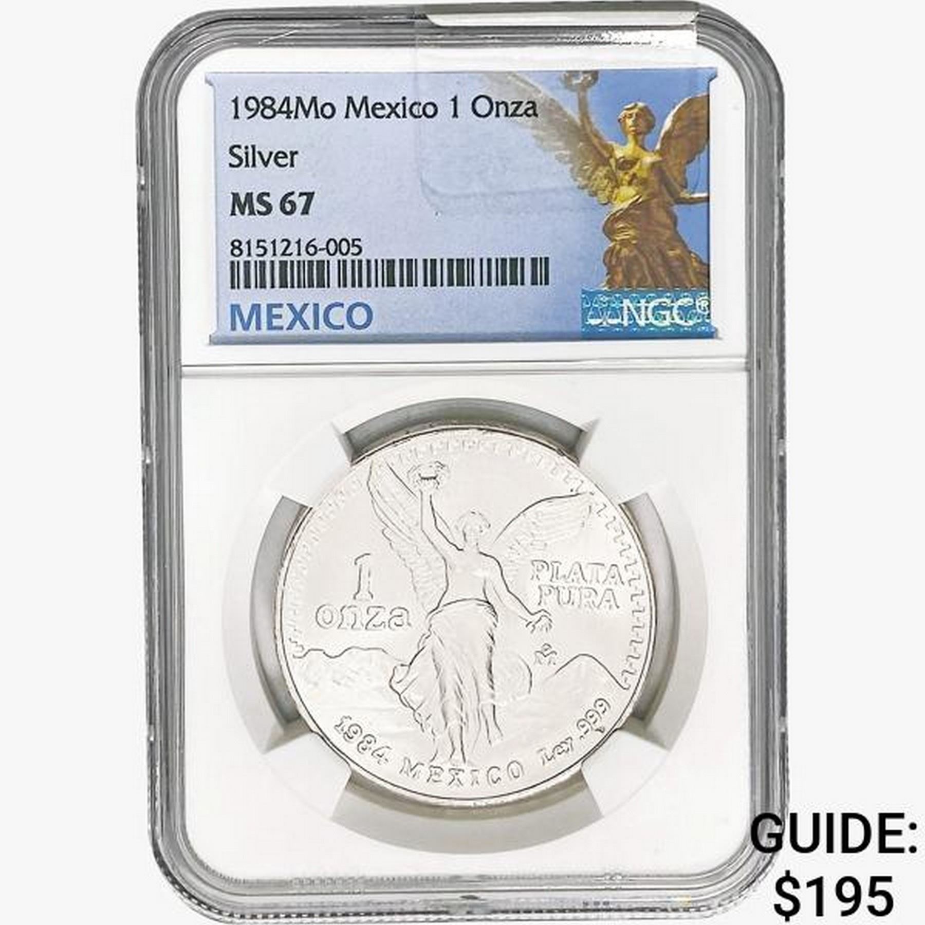 1984Mo 1oz. Silver Mexicanos Onza NGC MS67