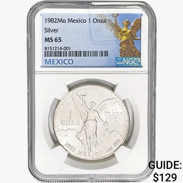 1982Mo 1oz. Silver Mexicanos Onza NGC MS65