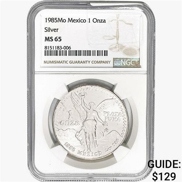 1985Mo 1oz. Silver Mexicanos Onza NGC MS65