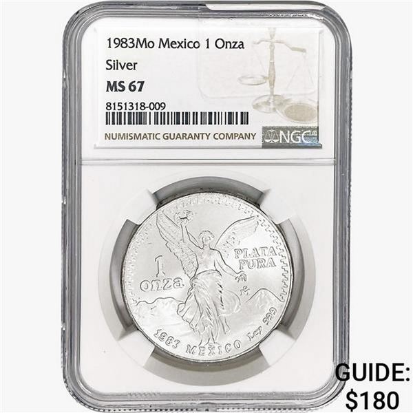 1983Mo 1oz. Silver Mexicanos Onza NGC MS67