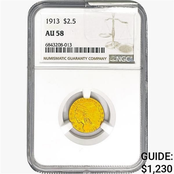 1913 $2.50 Gold Quarter Eagle NGC AU58
