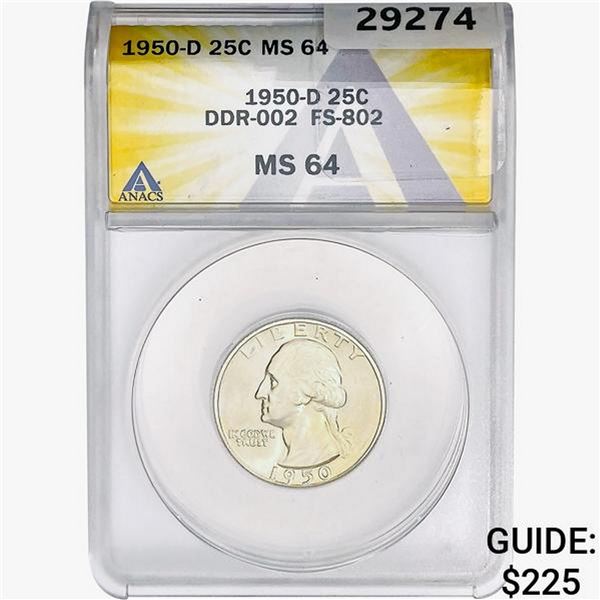 1950-D Washington Silver Quarter ANACS MS64 DDR-002 FS-802