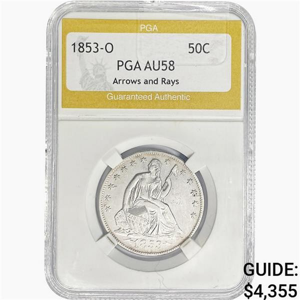 1853-O Seated Liberty Half Dollar PGA AU58 ARWS&Rays