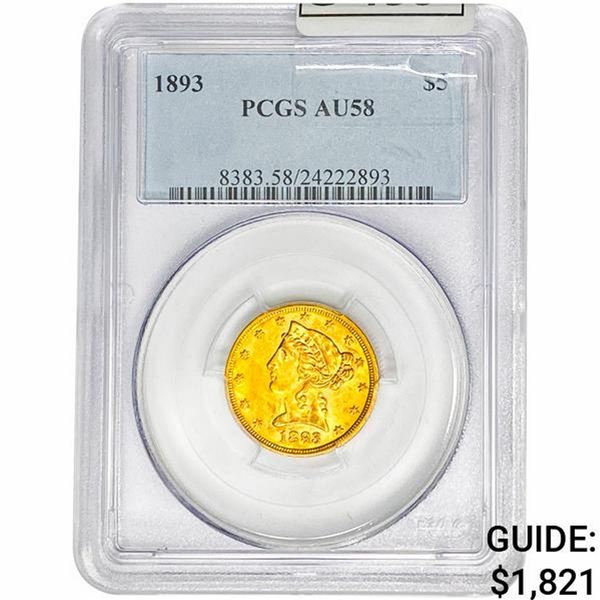 1893 $5 Gold Half Eagle PCGS AU58