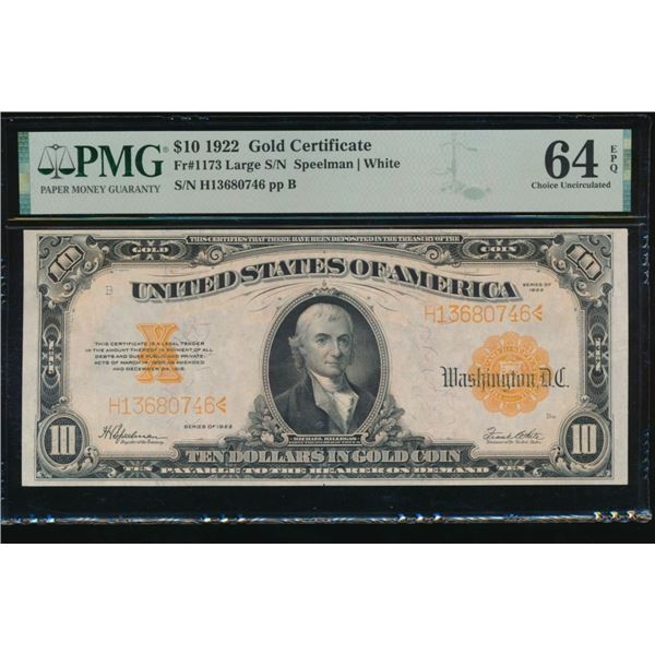 1922 $10 Gold Certificate PMG 64EPQ