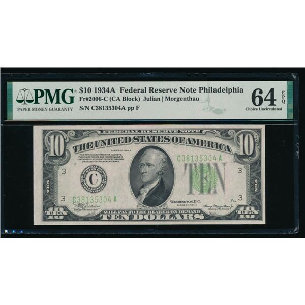 1934A $10 Philadelphia FRN PMG 64EPQ
