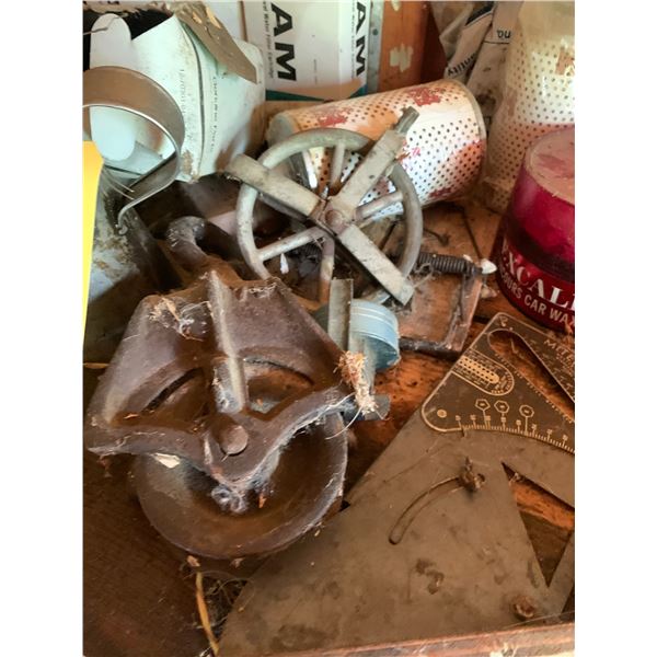 Oil jugs, pulleys, filters, lamp, funnel, grease gun