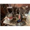 Image 1 : Double Axe head, 2- Esso tins, liquid wrench tin & 5-gal pail & mesh grating