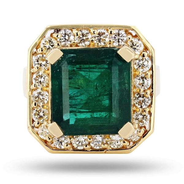 8.45 ctw Emerald and 1.15 ctw Diamond 18K Yellow Gold Ring