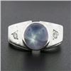 Image 2 : Mens Vintage 14K White Gold Bezel Star Sapphire & Diamond Florentine Finish Ring