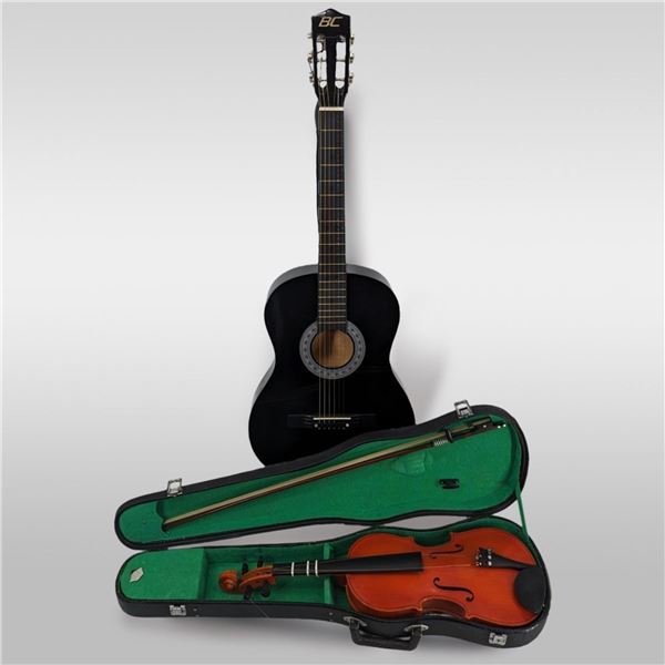 Vintage Skylark Violin With Case / Bow And A Black Acoustic Guitar With Case