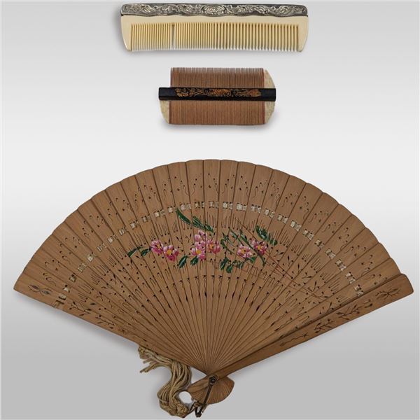 Pair Of Chinese Export Combs, One With A Silver Mount, And A Chinese Sandlewood Hand-Painted Fan