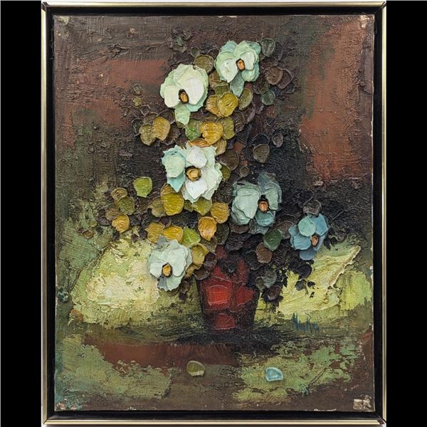 Signed Man Ray? Oil On Canvas Still-Life Floral Impasto Painting