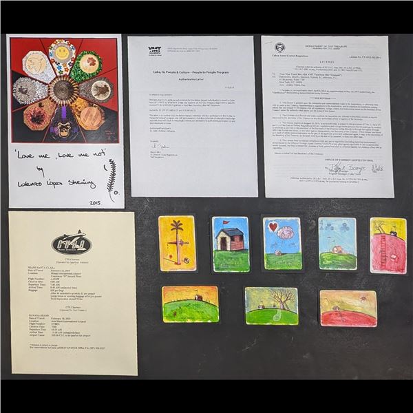 Cuban Artist Arnay Camaraza Perez Set Of 8 Scenic Painted Playing Cards And Signed Photograph
