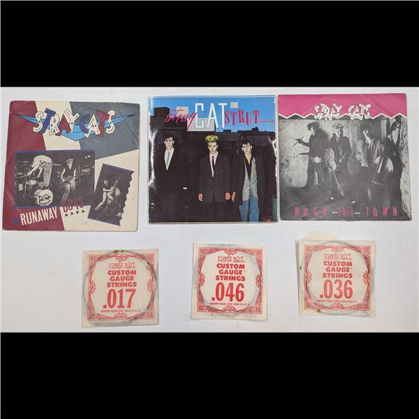 Lot Of 3 Vintage Stray Cats Records And Stray Cats Guitarist Brian Setzer's Unused Guitar Strings