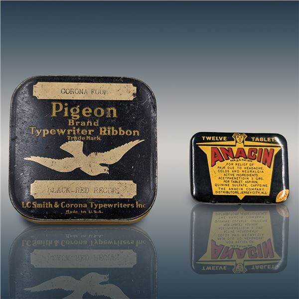 Pair Of Vintage Advertising Pocket Tins, Anacin And Pigeon Brand Typewriter Ribbon