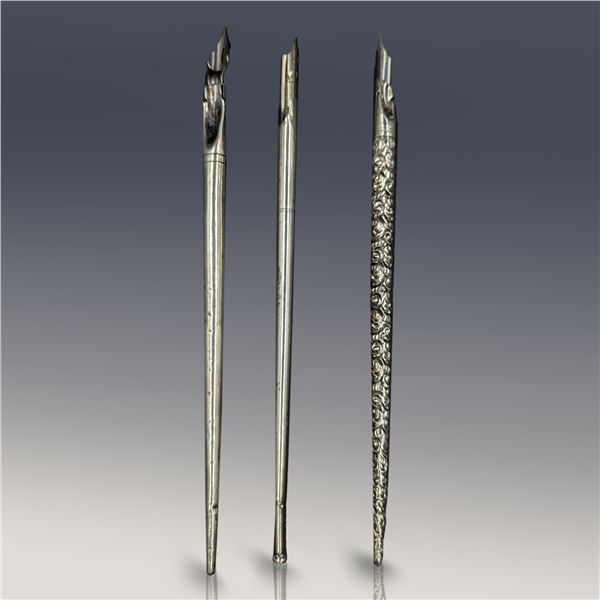 Lot Of 3 Sterling Silver Dip Pens Each Equipped With A Mint Unused Steel Dip Nib