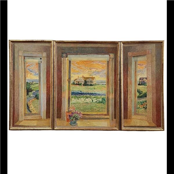 American New York-Lilian MacKendrick 1906-1987 Landscape Painting 3 Panels RARE
