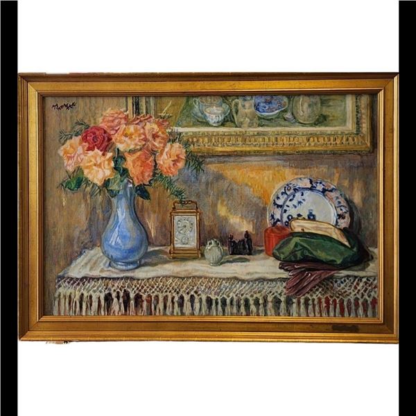 American New York-Lilian MacKendrick 1906-1987 O/C Still Life Painting "ORANGE ROSES"