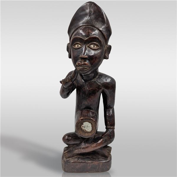 Large Vintage Carved Wood And Glass Congo Sitting Male Figure