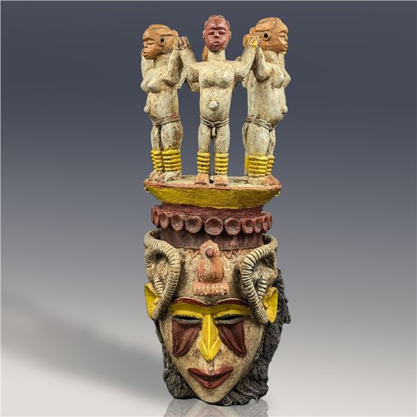 Very Large Hand Painted African Igbo Mask With Large Figures