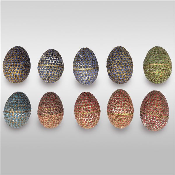 Lot Of 10 Gilt Metal Egg Box Trinkets Inlaid With Semiprecious Stone